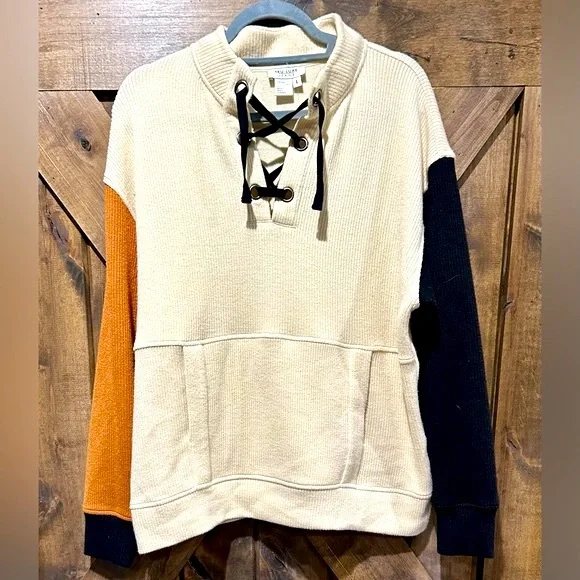 EUC Tru Lux Jeans Color Block Laced Neck Sweater Sz L - Picture 1 of 16